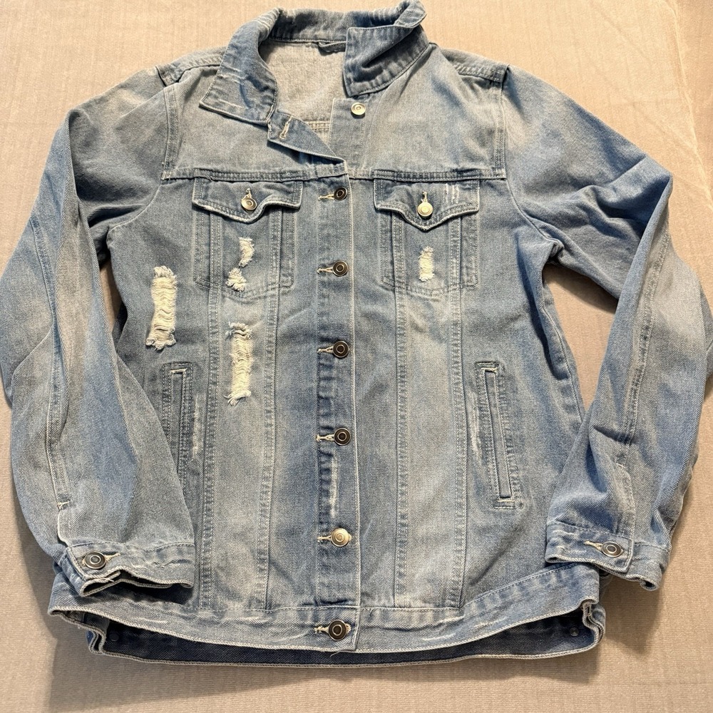 Womens Distressed Denim Jacket Large Light Wash Trucker Jean Jacket Cotton